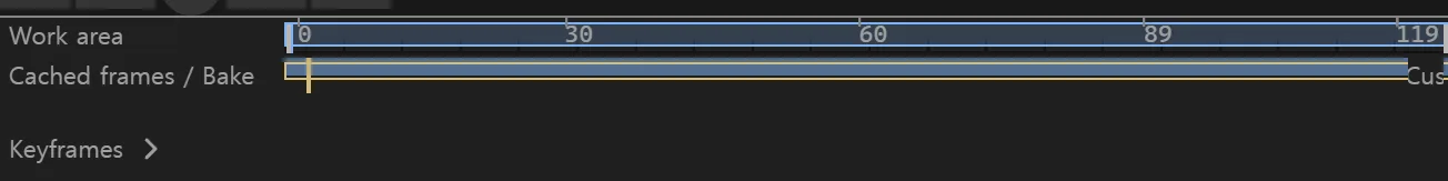Gravity timeline showing the work area and the cached-frame and bake range from frame 0 to 119.